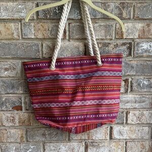 Striped Red Patterned Tote Bag with Rope Handles